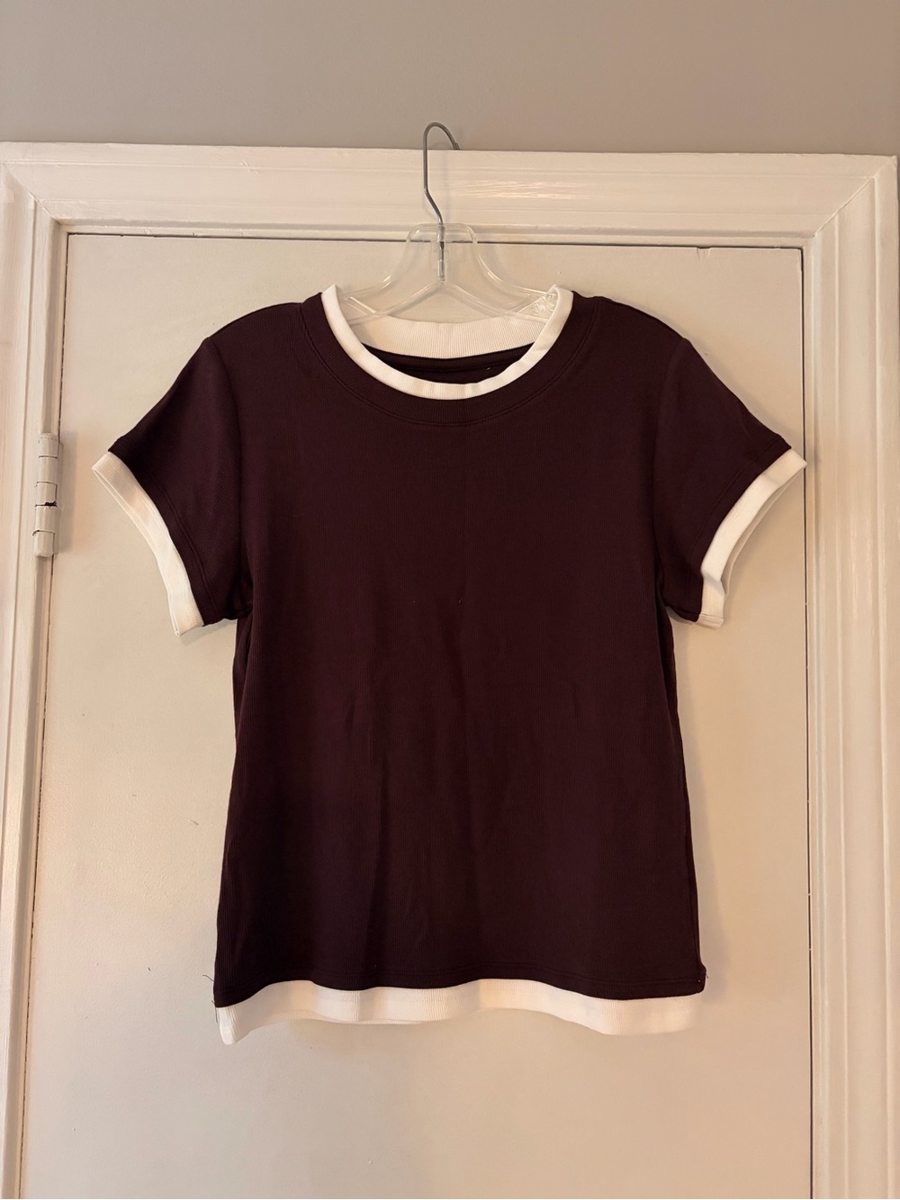 LOFT Eggplant Short-Sleeve Ringer Tee with White Trim